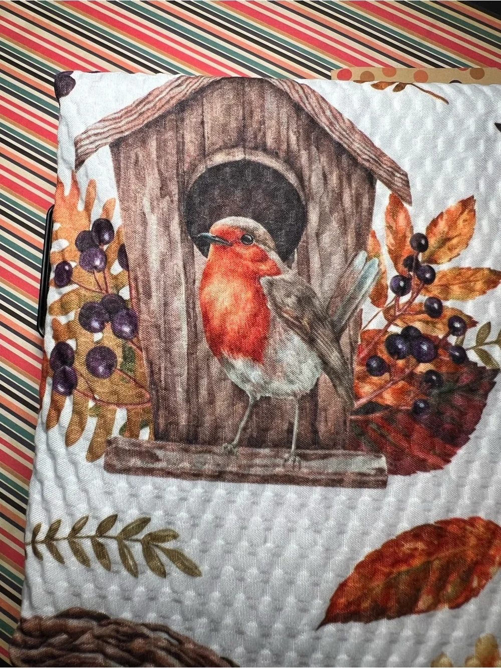 Autumn Birdhouse Textured Fabric Shower Curtain Birds Pumpkins Leaves Wreath